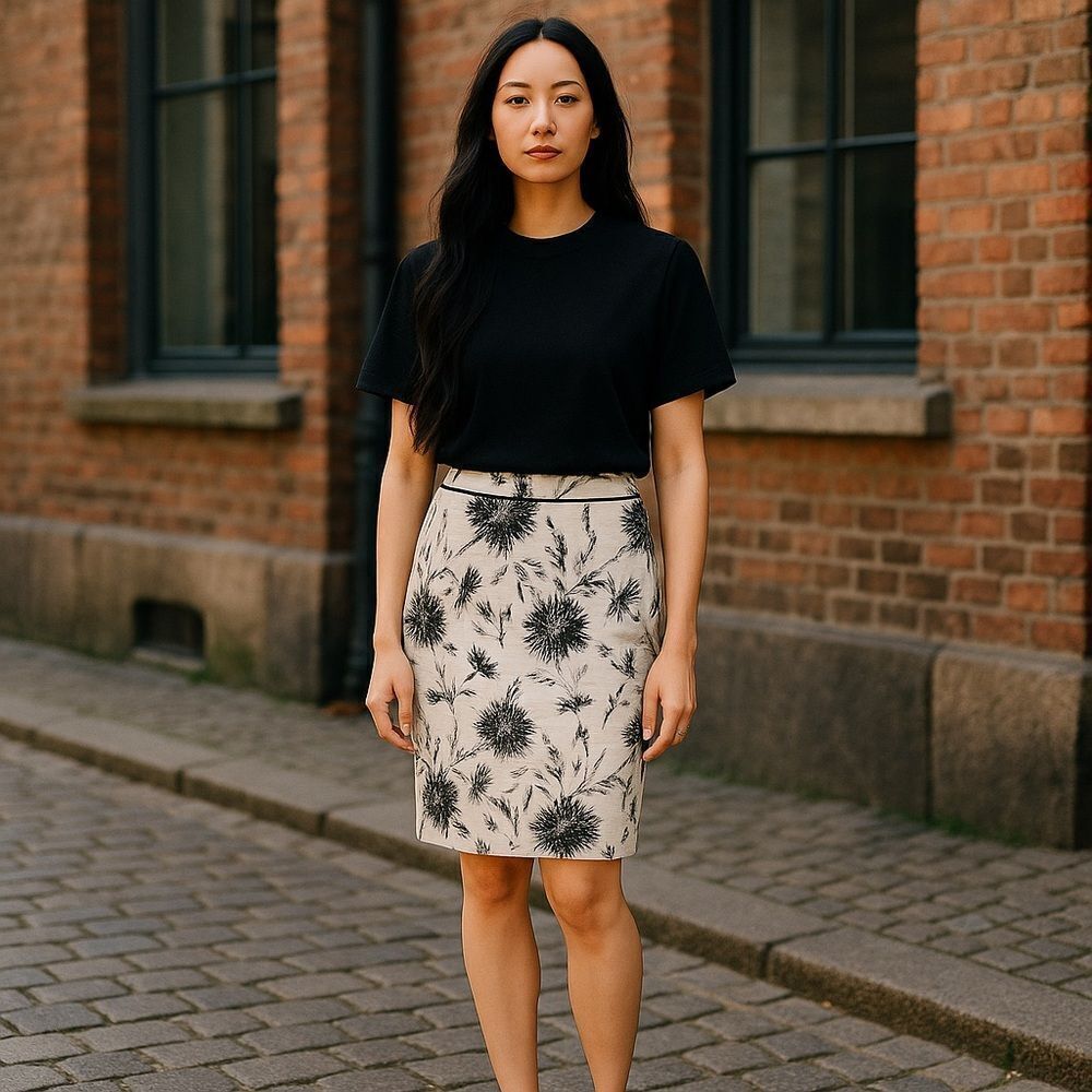 Halogen White with Black Floral Print Pencil Skirt